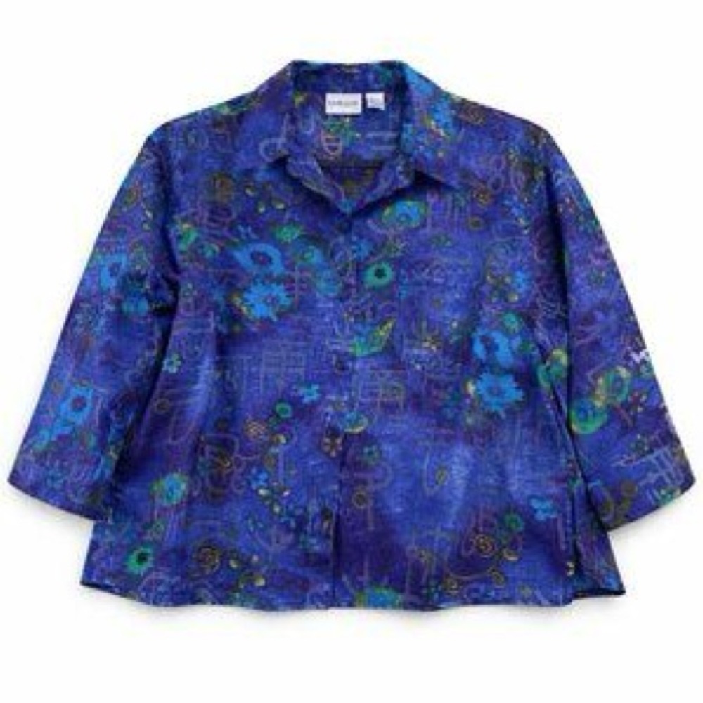 Chico's Blue Abstract Linen Blend Blouse Size Large